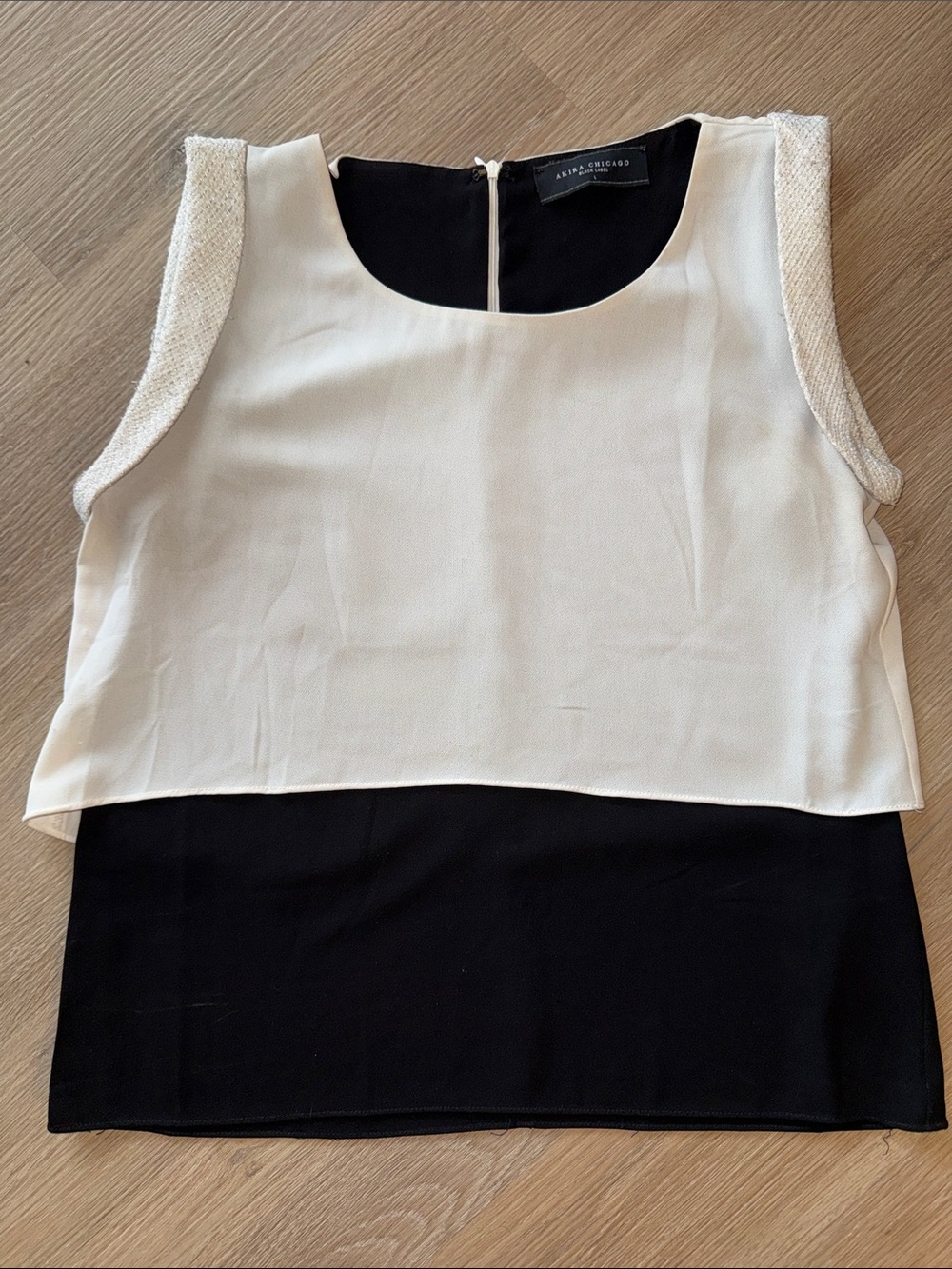 AKIRA Tweed & Two-Tone Colorblock Layered Chiffon Sleeveless Tunic Blouse Top